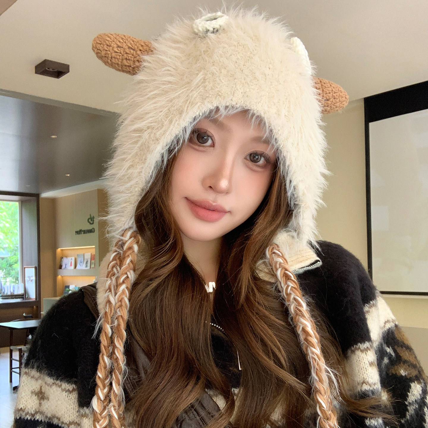 可爱搞怪毛绒小怪兽毛线帽子女秋冬季大头围保暖护耳甜美针织帽潮