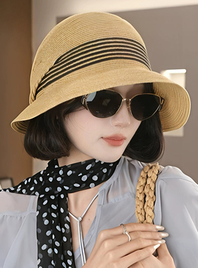 法式复古条纹草帽夏季薄款度假遮阳防晒帽子显脸小女士百搭爵士帽