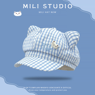 可爱猫耳朵格纹八角帽子女春夏薄款百搭显脸小甜美贝雷帽画家帽潮