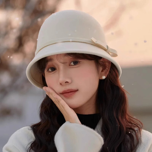 羊毛呢渔夫帽女春秋季法式优雅复古赫本风蝴蝶结高级感名媛礼帽子