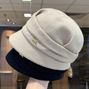 2025新款复古褶皱渔夫帽子女春秋季显脸小短檐包头帽百搭休闲盆帽