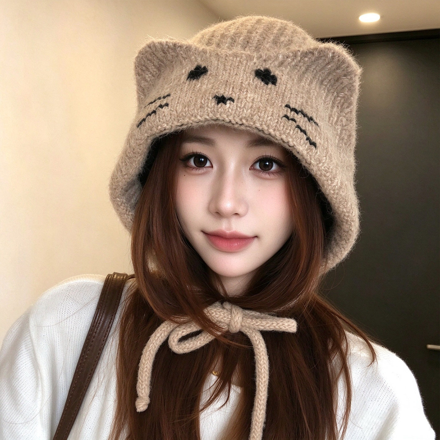 韩系猫耳绑带针织帽女冬季保暖