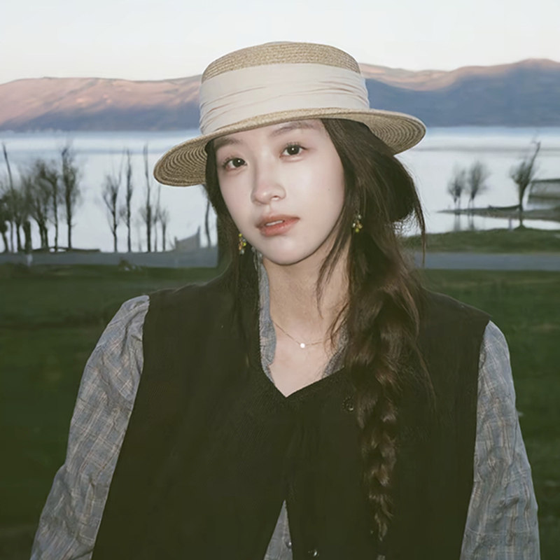 藤井树同款草帽防晒帽夏季法式复古平顶帽子女海边度假小礼帽遮阳