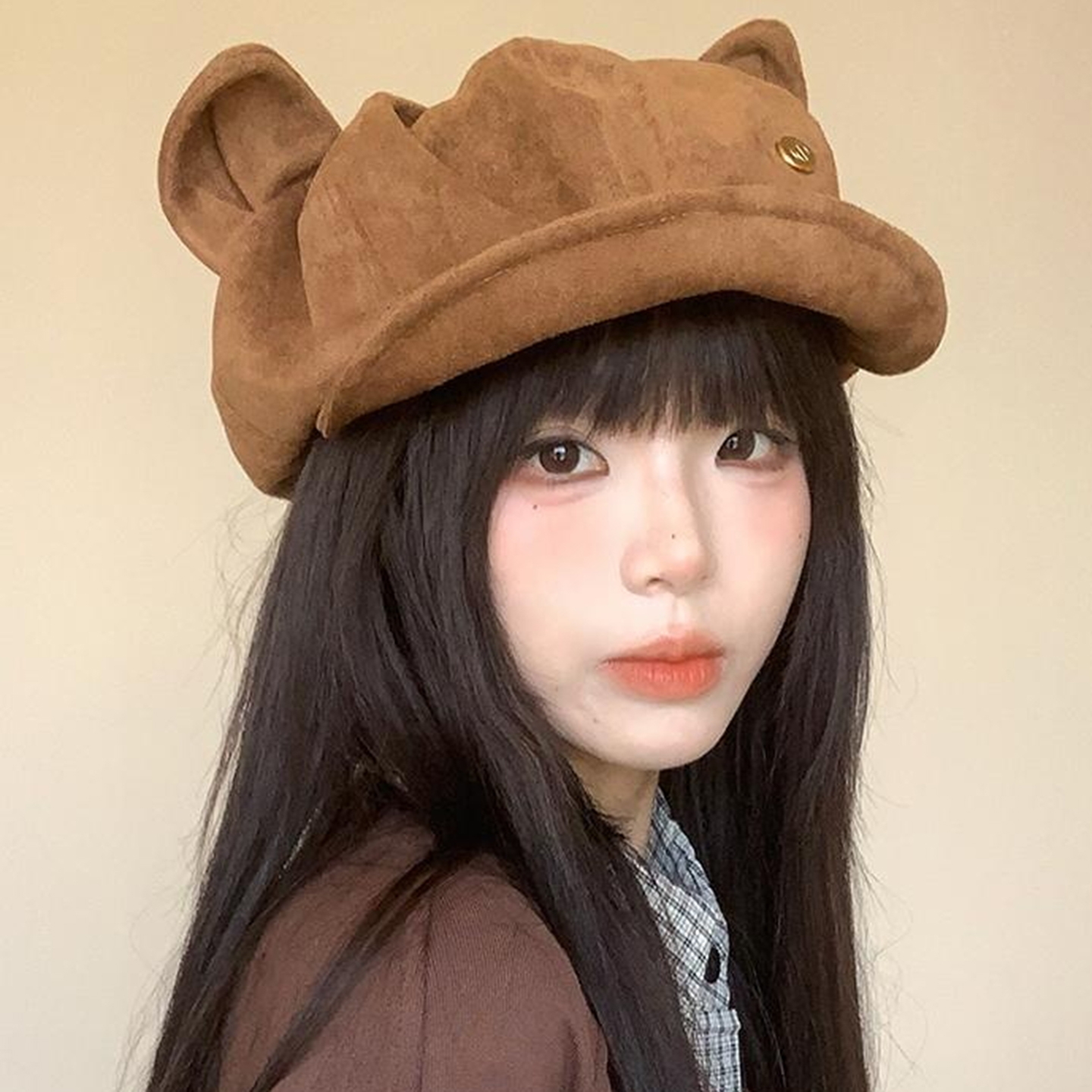 日系麂皮绒猫耳朵贝雷帽子女秋冬