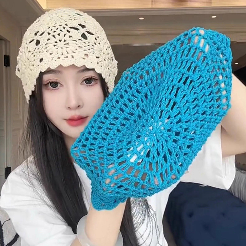 日系百搭手工钩花针织帽子女春季薄款复古文艺风镂空堆堆帽显脸小