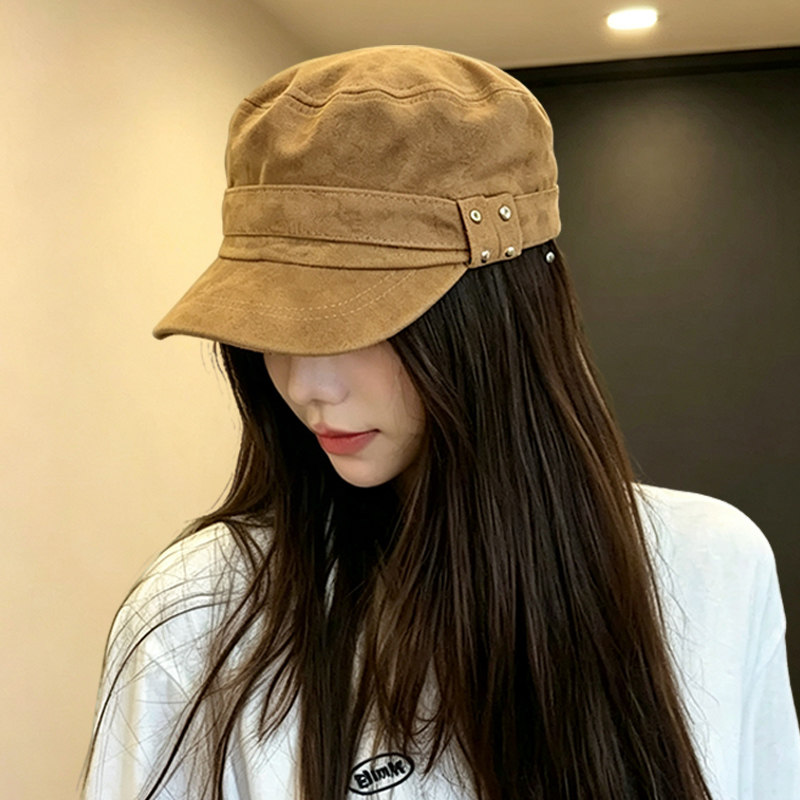 复古铆钉麂皮绒显脸小骑士帽女