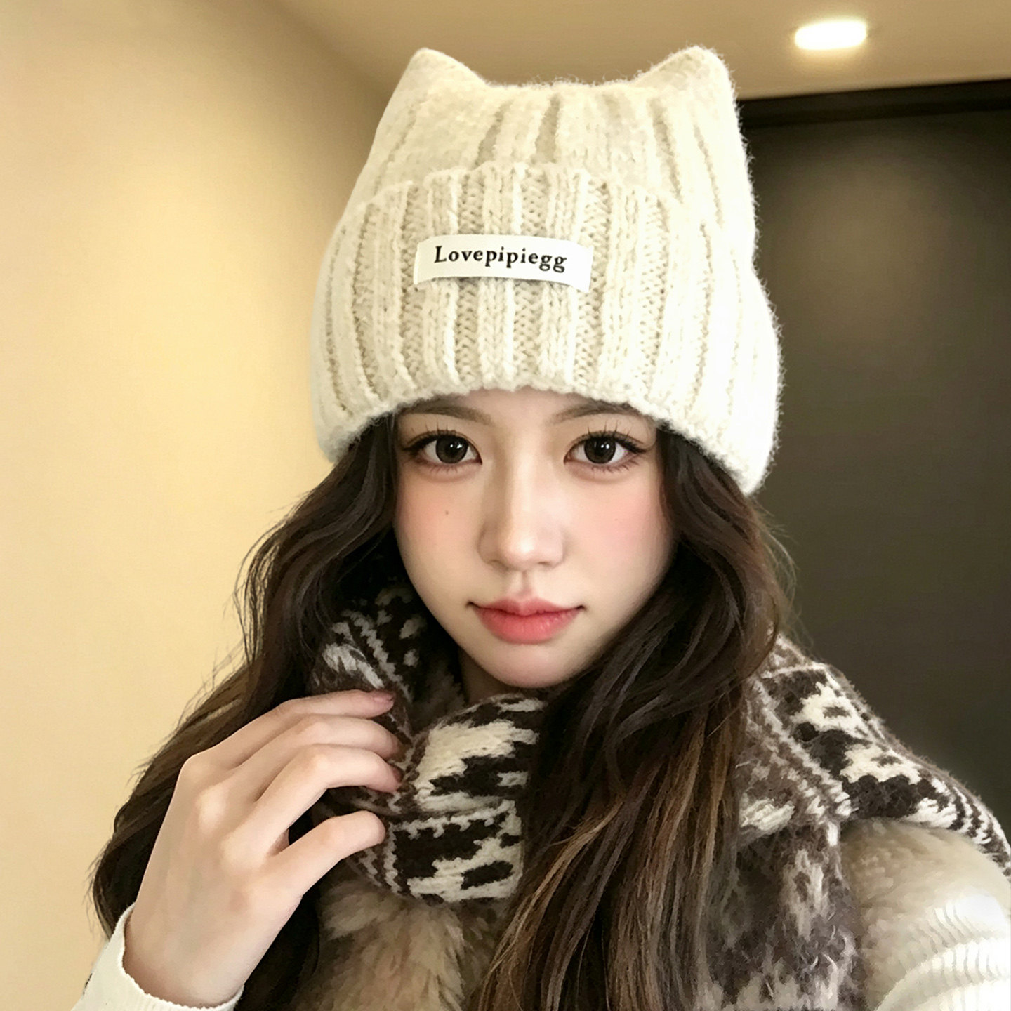 韩系猫耳针织保暖帽女显脸小