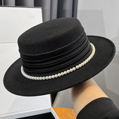 秋冬法式 赫本风褶皱珍珠平顶礼帽子女百搭优雅名媛风英伦爵士帽潮