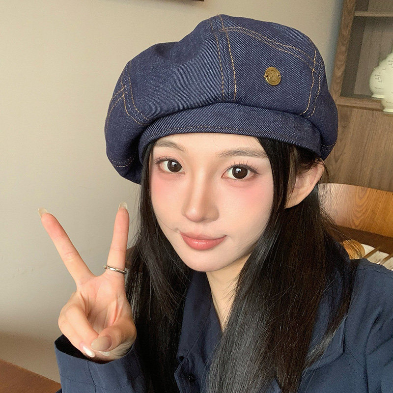 日系牛仔复古贝雷帽子女秋季文艺休闲显脸小蓓蕾帽韩版百搭画家帽
