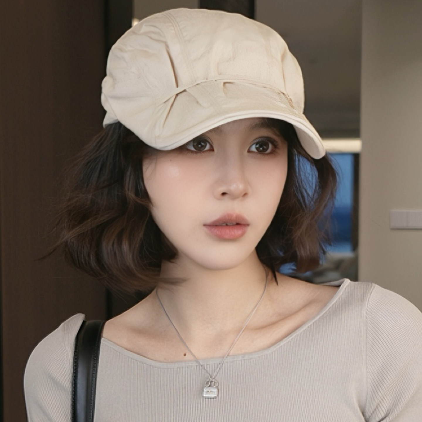 日系亚麻女夏显脸小绑带鸭舌帽