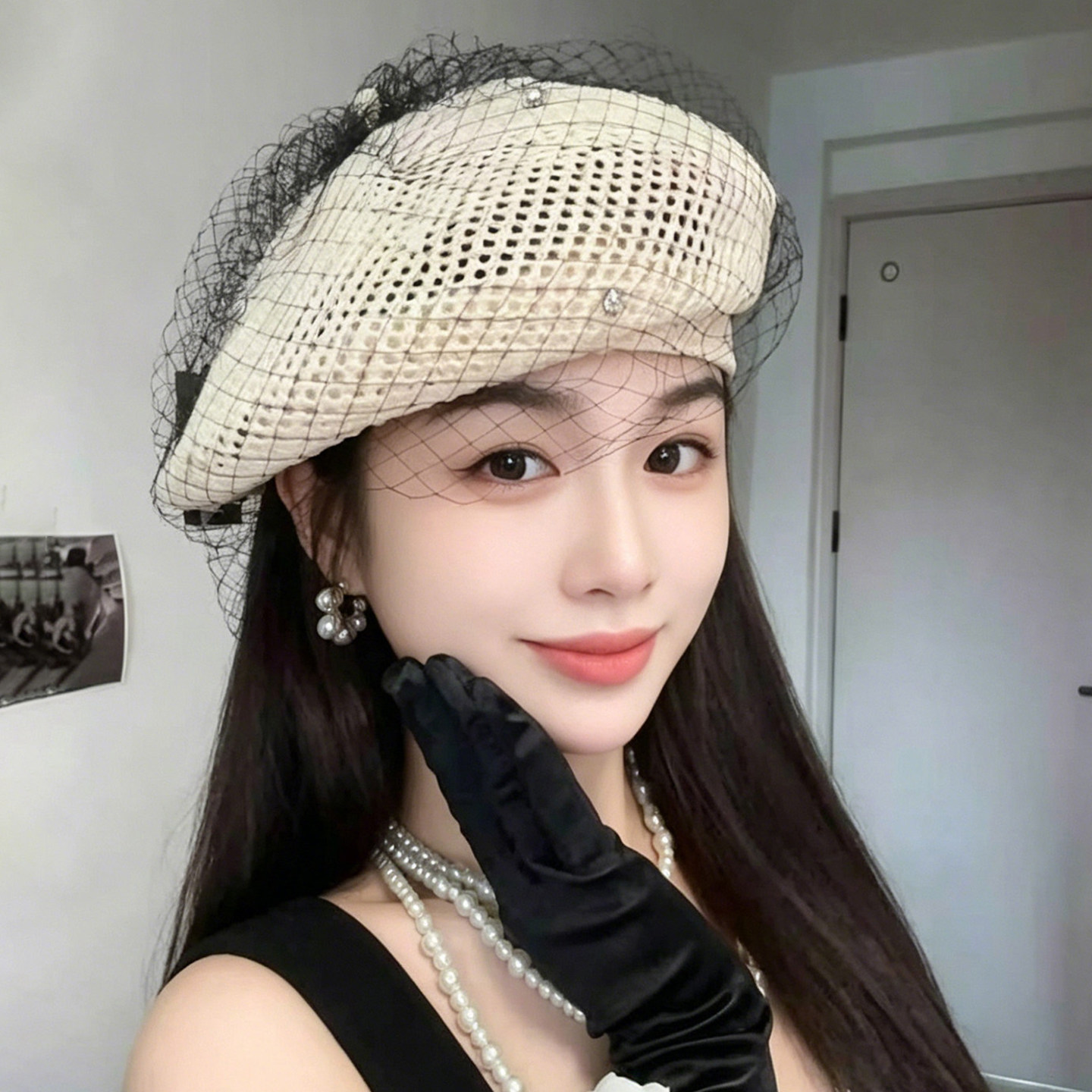 法式复古赫本蕾丝网纱贝雷帽