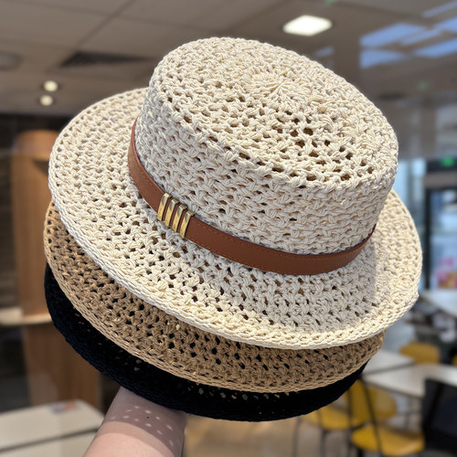 法式复古老钱风镂空平顶草帽女夏