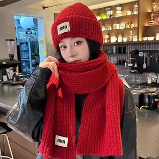 红色针织毛线帽子女冬季保暖护耳大头围时尚情侣围脖骑车防寒冷帽