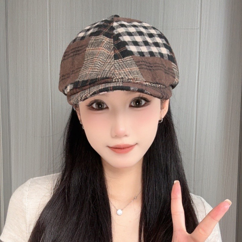 春秋复古格纹拼色前进帽子女韩版显脸小百搭大头围时尚画家贝雷帽,服饰配件/皮带/帽子/围巾,帽子,淘宝优惠券,粉丝福利购,淘宝优惠卷