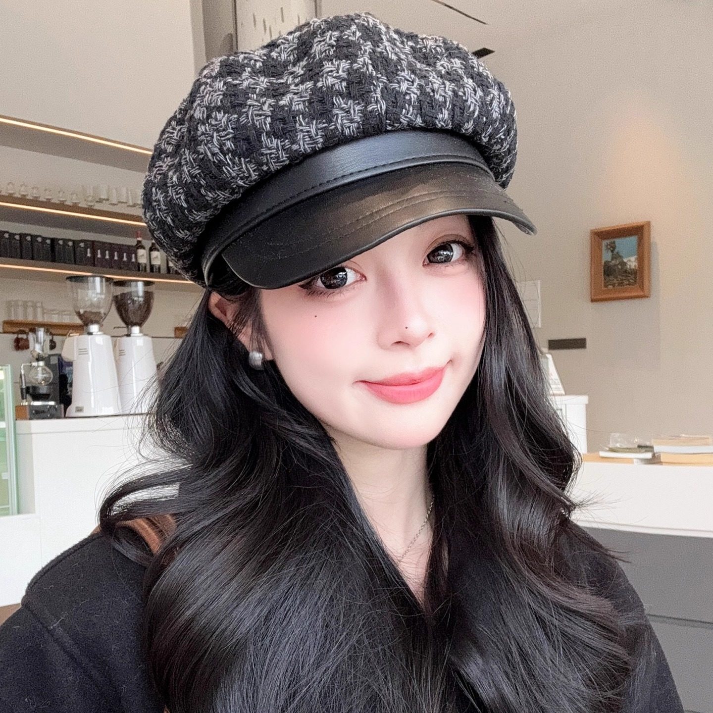 日系千鸟格八角帽子女春秋季英伦复古百搭报童帽显脸小休闲画家帽