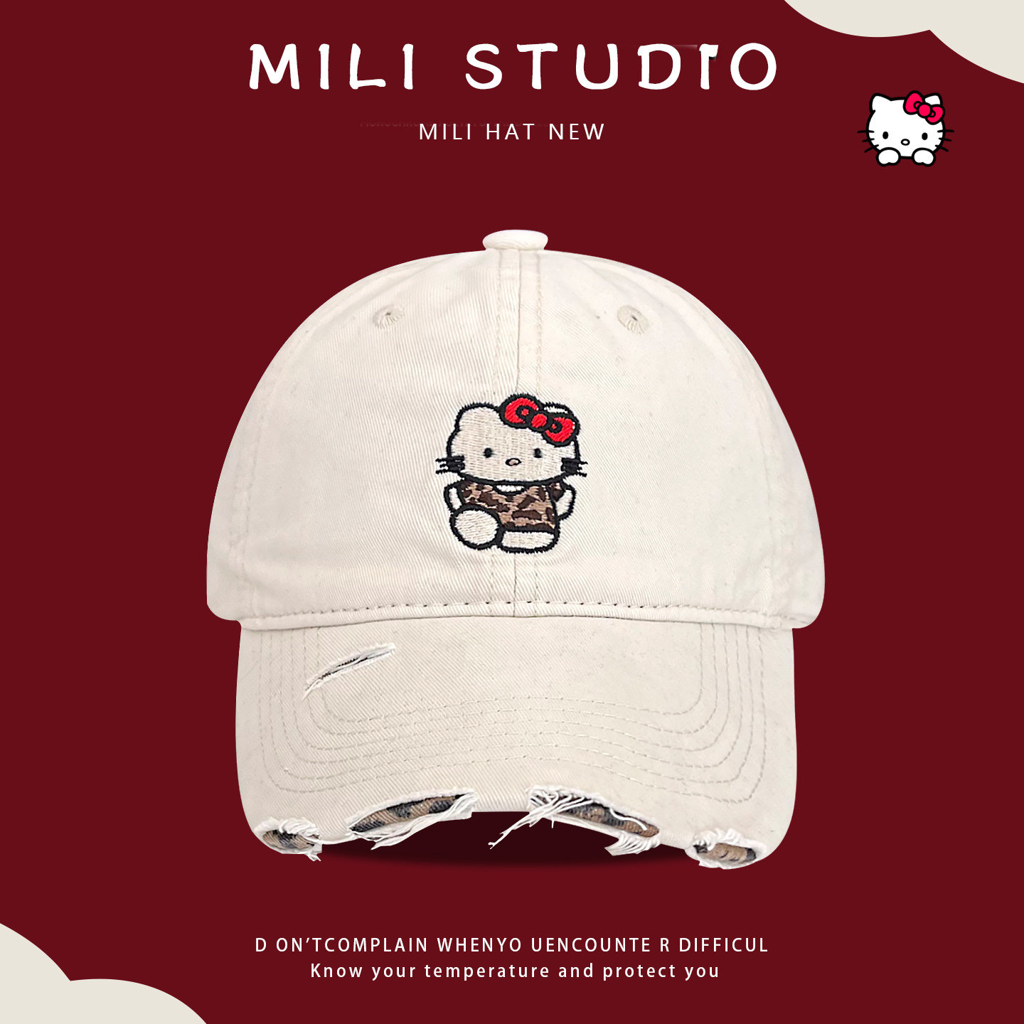 韩系可爱KT猫粉色破洞棒球帽女甜美大头围防晒帽百搭休闲遮阳帽子