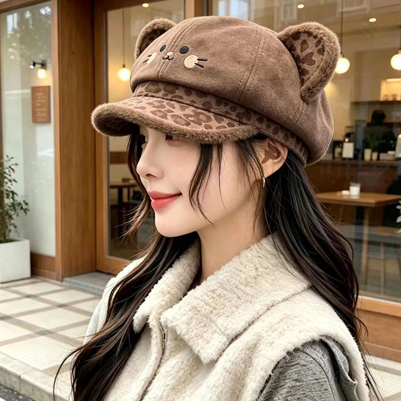 豹纹猫耳贝雷帽女秋冬保暖显脸小