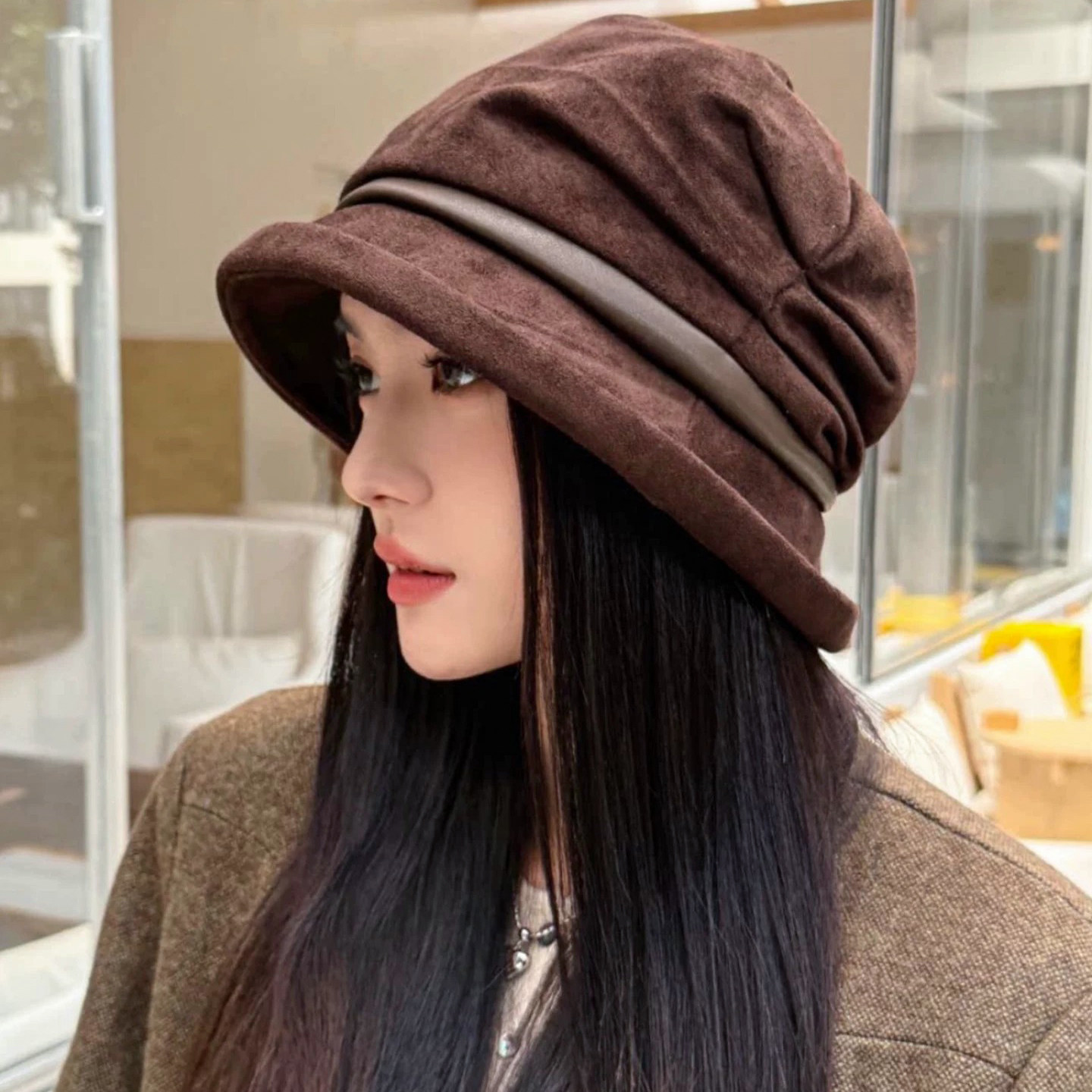 秋季麂皮绒保暖宽檐渔夫帽女款