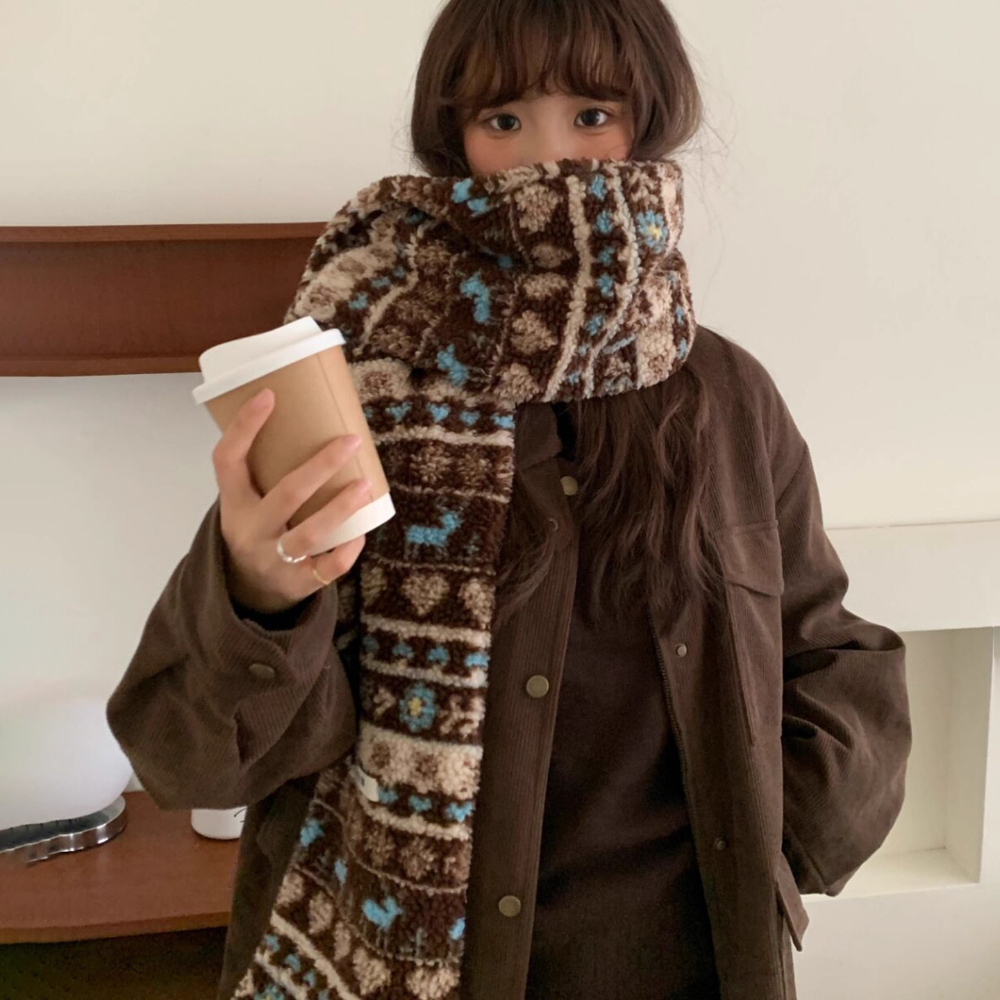 费尔岛提花小鹿羊羔毛围巾女秋冬