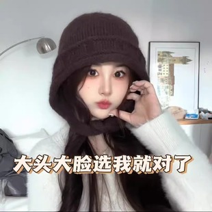 大头围绑带针织帽子女冬天新款纯色毛线帽骑车保暖防寒护耳雷锋帽
