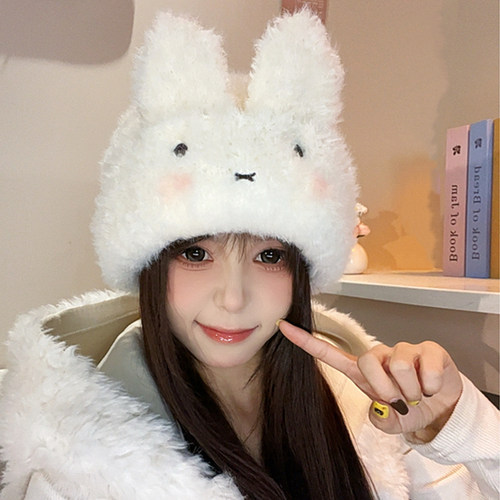 毛茸茸米菲兔耳朵毛绒套头帽子女