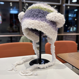 日系可爱毛绒耳朵针织帽子女秋冬季保暖护耳绑带毛线帽防寒显脸小