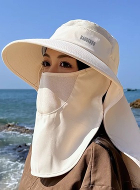 全方位防晒帽女春夏季护颈一体大帽檐户外渔夫帽子面罩遮阳太阳帽