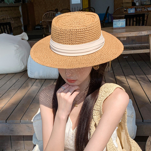 法式 春夏遮阳防晒帽子海边沙滩礼帽 高级感编织平顶草帽女2026新款