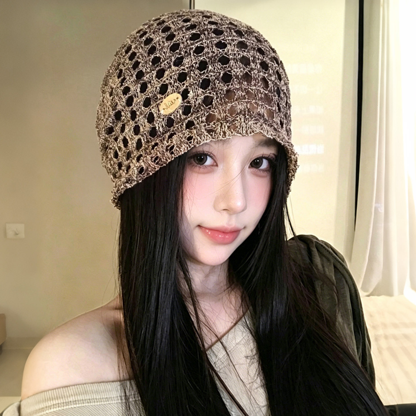 日系复古手工钩织镂空堆堆帽女款夏季韩系氛围感包头帽显脸小帽子