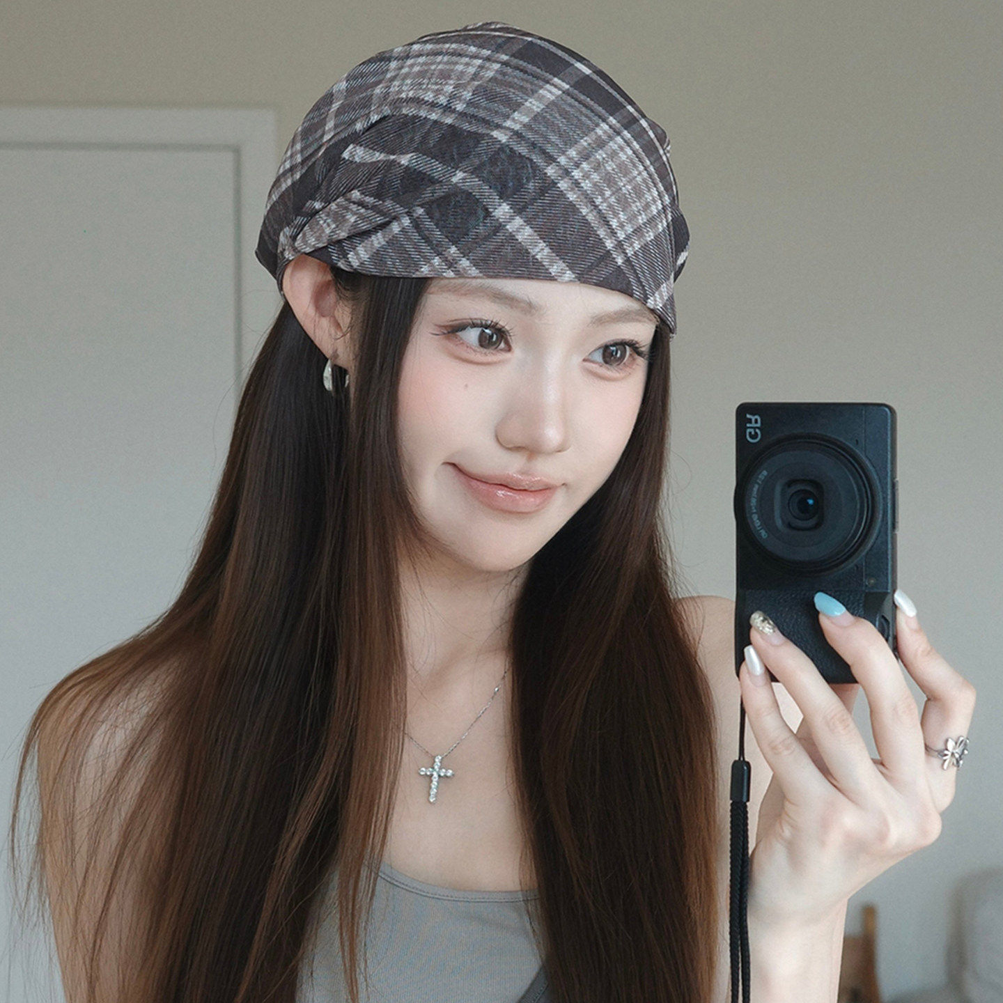 复古格纹堆堆帽女春夏显脸小