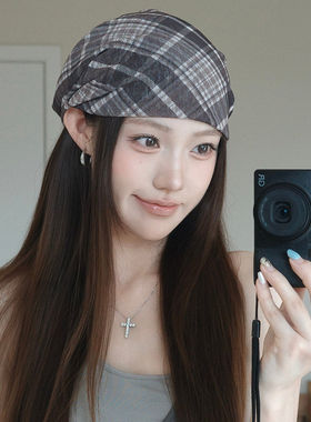 复古格纹堆堆帽女春夏显脸小