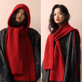 2025新款 红色巴拉克拉法帽子女冬季 保暖围巾一体针织帽骑车防寒帽