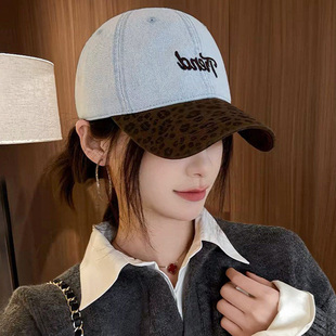 美式复古豹纹牛仔拼接棒球帽子女大头围宽檐百搭休闲防晒鸭舌帽男