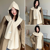 2026新款 保暖针织护颈披肩帽子一体纯色外搭 高级感连帽围巾女冬季