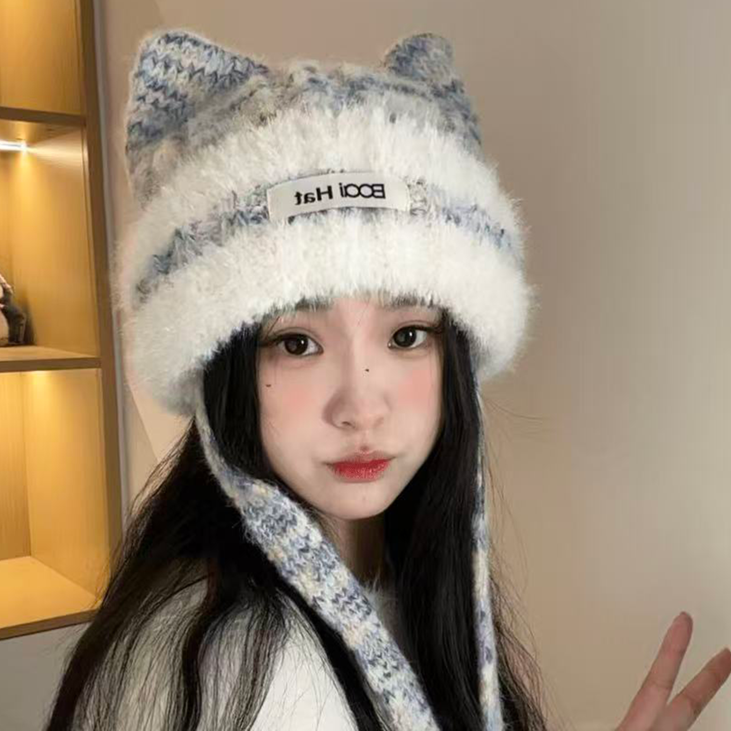 可爱猫耳朵针织毛绒帽子女秋冬季