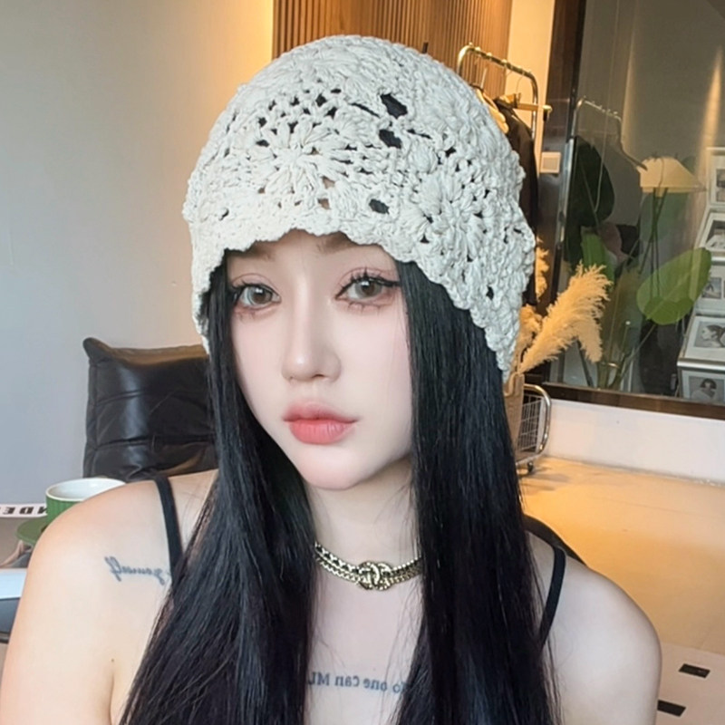 鞠婧祎同款针织镂空包头帽子女春秋季大头围显脸小文艺百搭堆堆帽