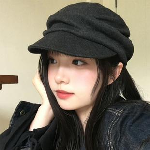 日系复古褶皱山本风贝雷帽子女秋冬季显脸小文艺百搭报童帽画家帽