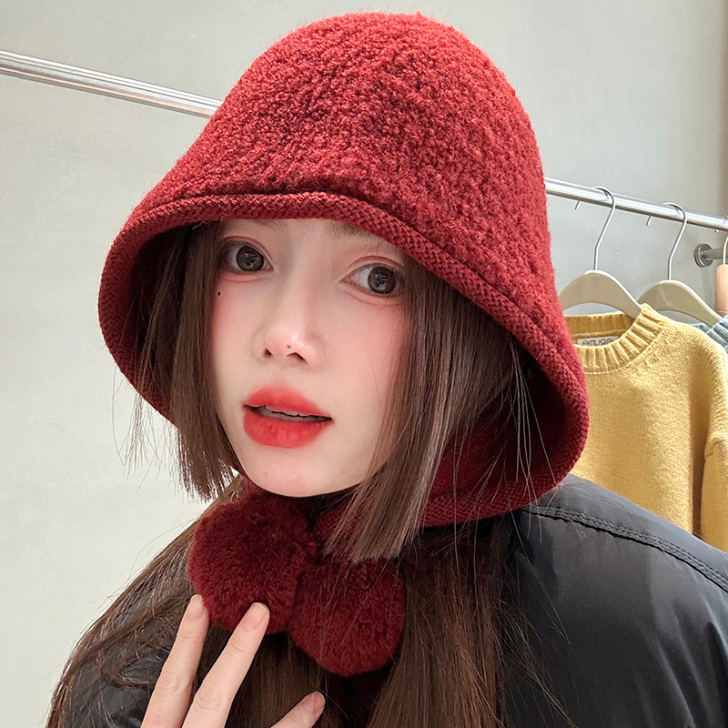 安格拉红毛线帽女显脸小保暖护耳
