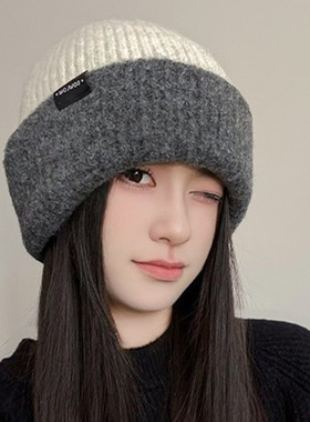 双面戴撞色针织毛绒帽子女冬季大头围防寒堆堆帽显脸小保暖护耳帽