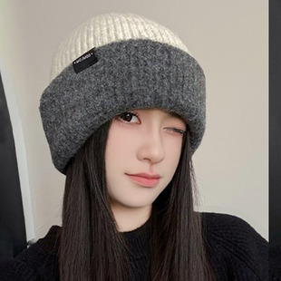双面戴撞色针织毛绒帽子女冬季大头围防寒堆堆帽显脸小保暖护耳帽