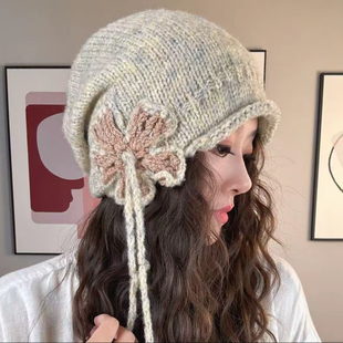 日系复古手工钩花流苏包头帽子女冬季保暖护耳显脸小毛线帽针织帽