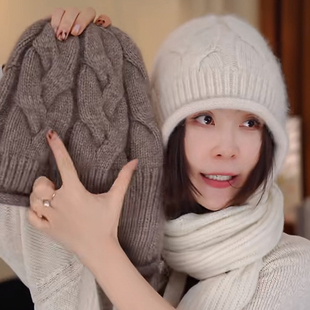 2025新款羊毛针织帽子女冬季百搭保暖护耳绑带毛线帽显脸小包头帽