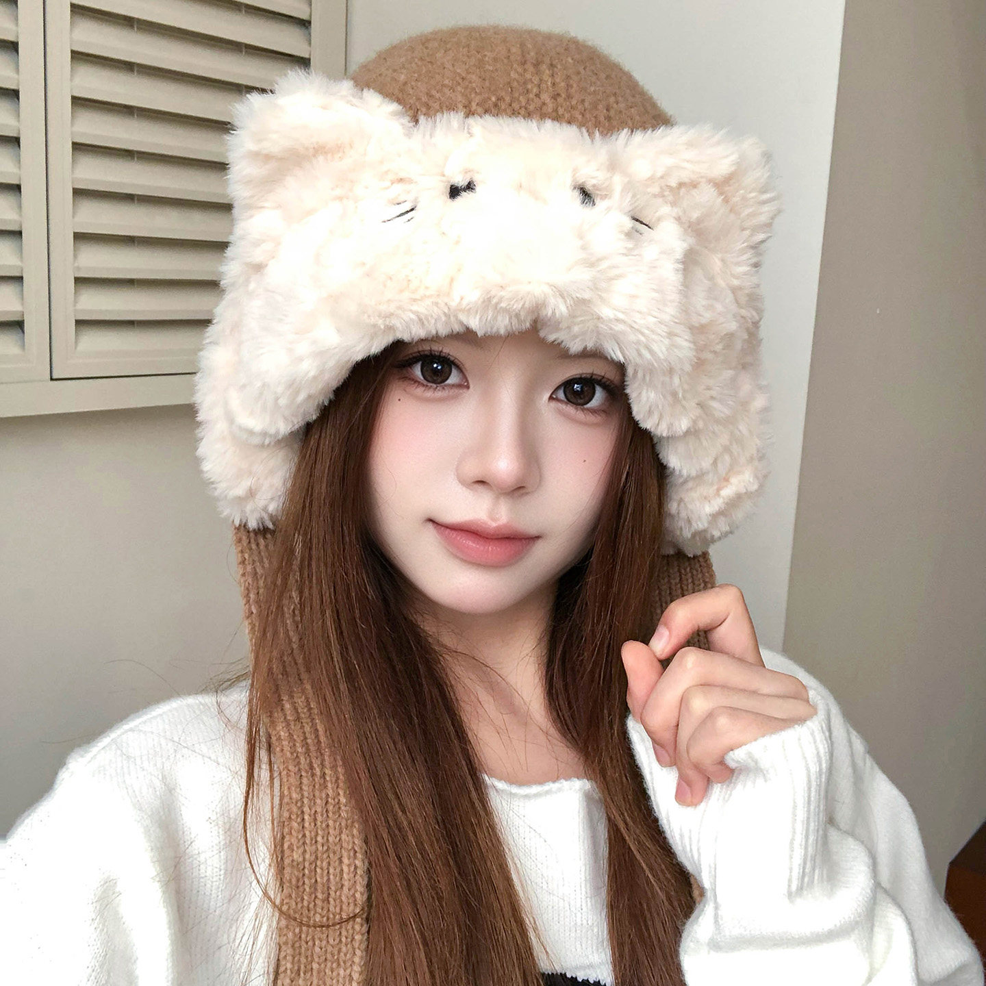 甜美可爱猫咪耳朵毛绒帽子女冬季加厚保暖防寒毛线帽显脸小针织帽