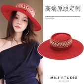 出游拍照遮阳防晒草帽大檐 红色平檐帽子女夏季 2026新款 李小璐同款