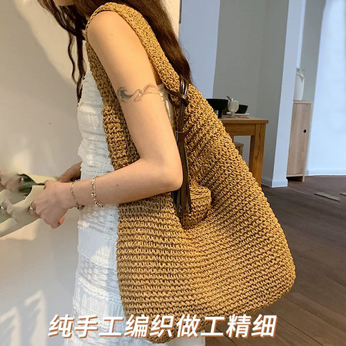 单肩大容量斜跨草包女夏帆布袋