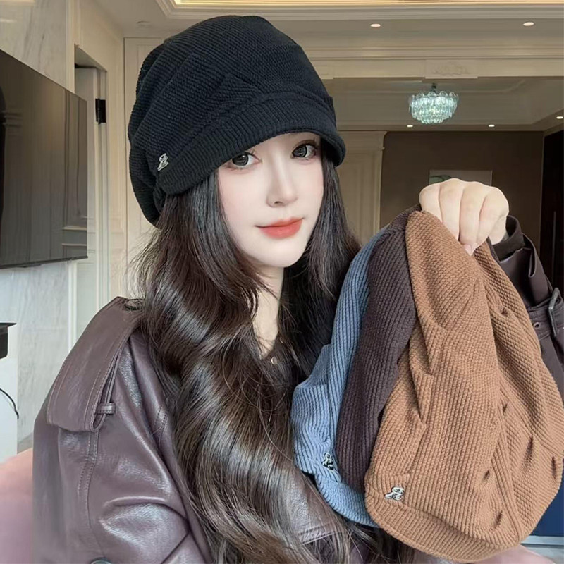 堆堆帽子女秋冬季韩版条纹针织包头帽时尚百搭慵懒风显脸小冷帽潮