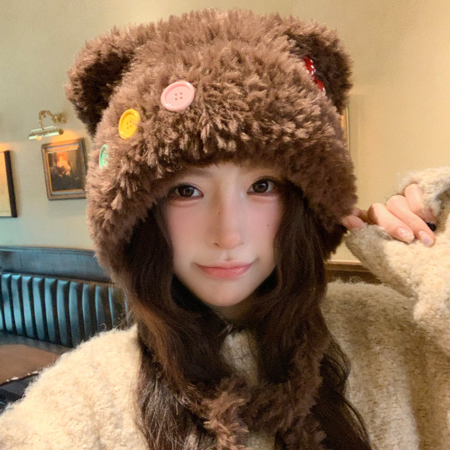 可爱纽扣小熊毛绒针织帽子女冬季加厚保暖护耳帽显脸小防寒包头帽,服饰配件/皮带/帽子/围巾,帽子,淘宝优惠券,粉丝福利购,淘宝优惠卷