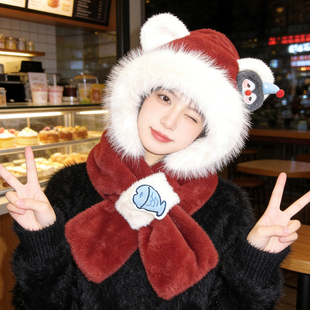 甜美可爱企鹅红色毛绒帽子女冬季骑行围巾一体防寒保暖护耳雷锋帽