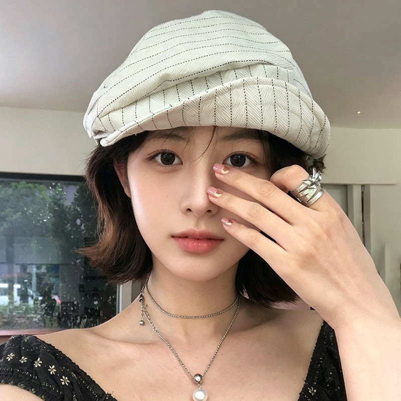 夏季条纹大头围显脸小贝雷帽女