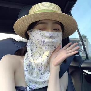 夏季新款全脸防晒面罩护颈挂耳薄面纱户外遮阳碎花透气骑行围脖潮